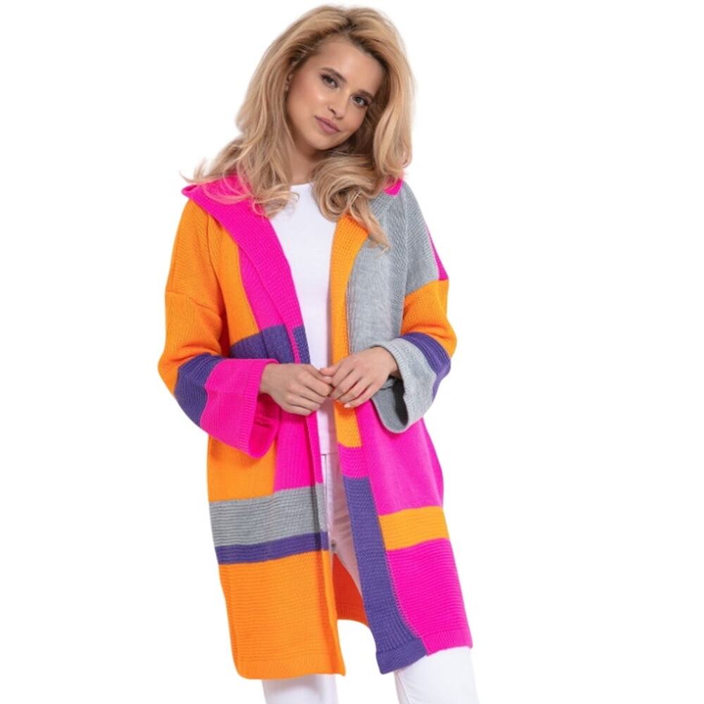 Fobya Longline Cardigan Sweater 2X/3X Colorblock Wool Hooded Open Front Colorful